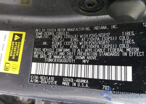 2010 Toyota Highlander Se V6 z USA, uszkodzony, nr VIN 5TDKK3EH3AS007011